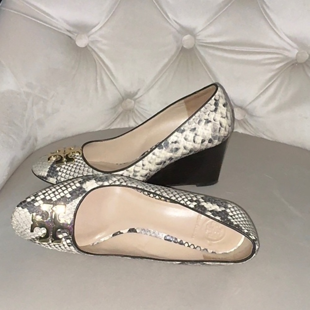 Tory Burch Black and Cream Snakeskin Wedges